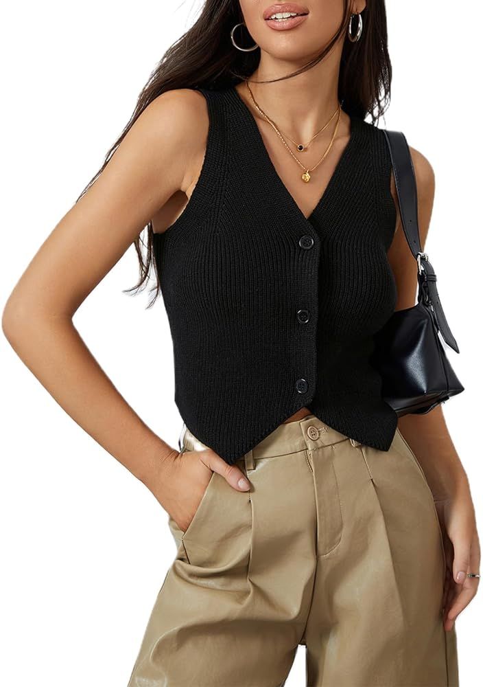 Women Knit Vest Crochet Top Sleeveless Sexy V Neck Aesthetic Y2k Casual Open Front Top Streetwear | Amazon (US)