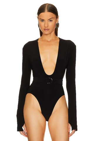 Long Sleeve Deep U Neck Bodysuit in Black | Revolve Clothing (Global)