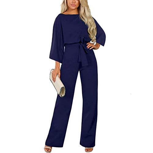 ASYOLY Jumpsuits for Women Casual Loose Batwing Sleeve Crewneck Rompers Long Pants Belted Wide Le... | Amazon (US)