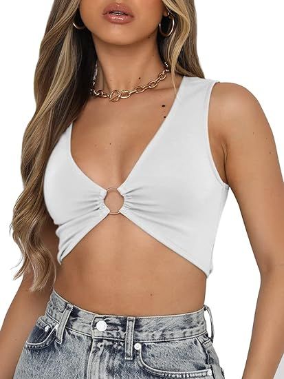 AEVZIV Sexy Crop Tops for Women Sleeveless Deep V Neck Workout Tops Plunge Ring Cleavage Cropped ... | Amazon (US)
