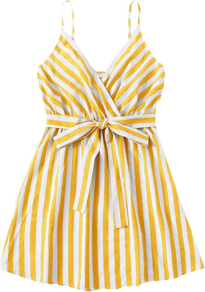 Romwe Women's Cute Sleeveless Striped Belted Wrap Summer Cami Tank Mini Dress | Amazon (US)