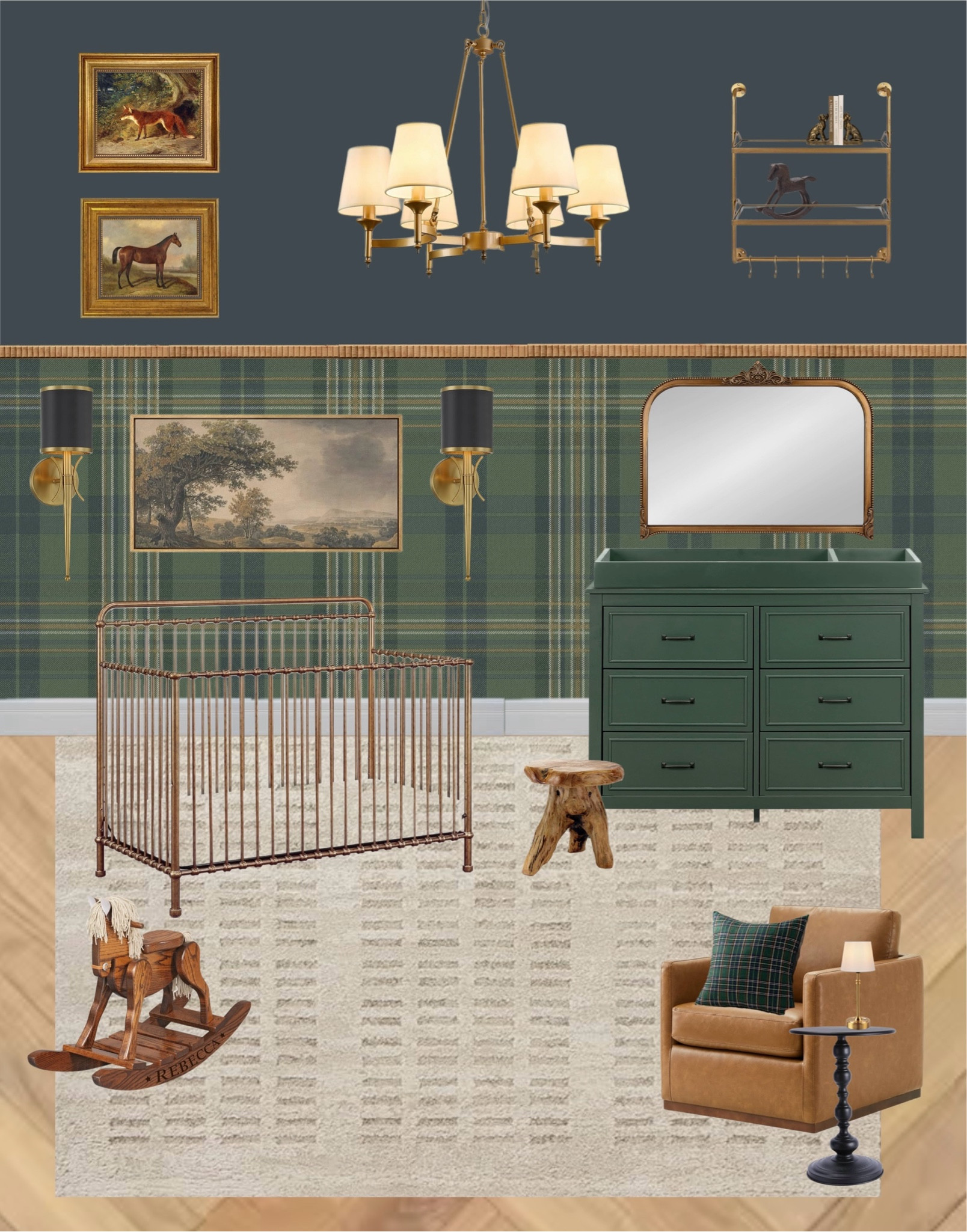 “Moody” baby boy room
Baby bed
Green dresser
Rocking horse 
Chandelier 
Hanging shelves 
Horse painting
Horse baby room
Gingham dark baby room
Bronze mirror
Black sconces 

#LTKStyleTip #LTKMostLoved #LTKBaby