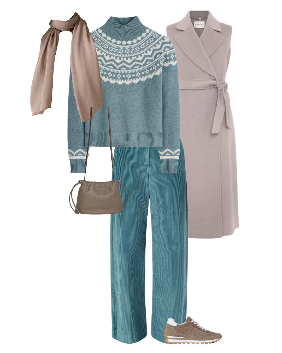 How to wear lighter colours in autumn. Mix taupe and soft teal in a sleeveless jacket, fairisle knit, cords and taupe bag and scarf

#LTKstyletip #LTKuk #LTKover50style