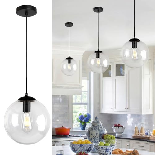 passong 10" Globe Black Pendant Light with Glass for Kitchen Island | Amazon (US)