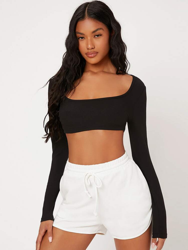 SHEIN BASICS Scoop Neck Solid Crop Top | SHEIN