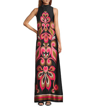 Loveage Satin Georgette Placement Print Mock Neck Sleeveless Maxi Dress | Dillard's