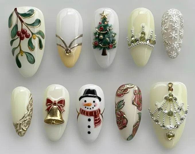 Handmade Christmas Luxury Press On Nails, 3D Snowman and Christmas Tree Nails, Cream Gold Winter ... | Etsy (US)