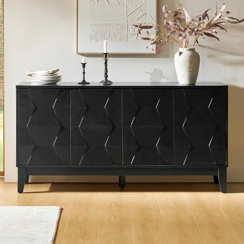 HULALA HOME Mid Century Sideboard Buffet Cabinet with Solid Wood Legs, 60" Kitchen Storage Cabinet Credenza with 4 Doors and 2 Shelves, Accent Console Table (Black) | Amazon (US)