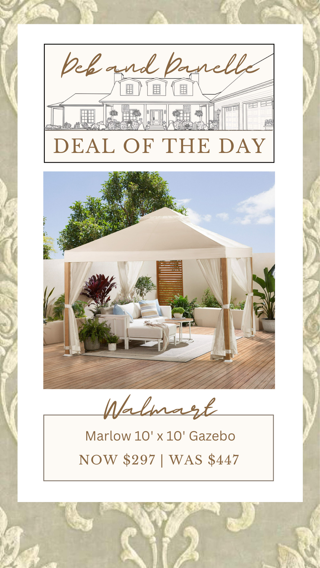 There is a great deal on this 10-foot by 10-foot gazebo from Walmart. It offers mosquito netting all the way around and is Scotch Guard protected. 

 #LTKSeasonal #LTKSaleAlert