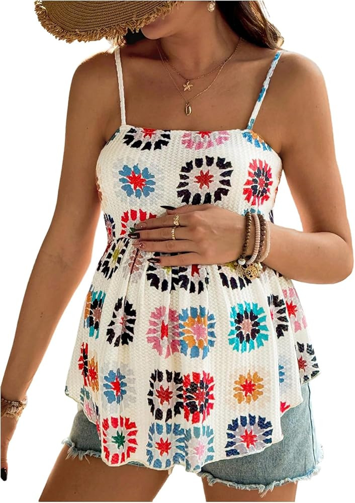 MakeMeChic Women's Maternity Camisole Floral Spaghetti Strap Ruffle Pregnancy Peplum Tops | Amazon (US)