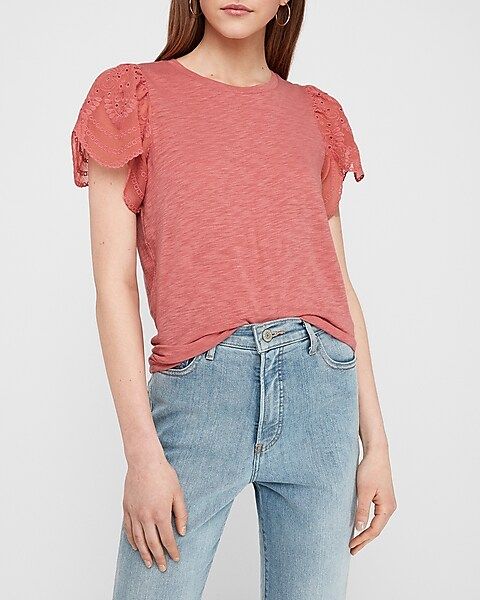 Eyelet Lace Sleeve Easy Tee | Express