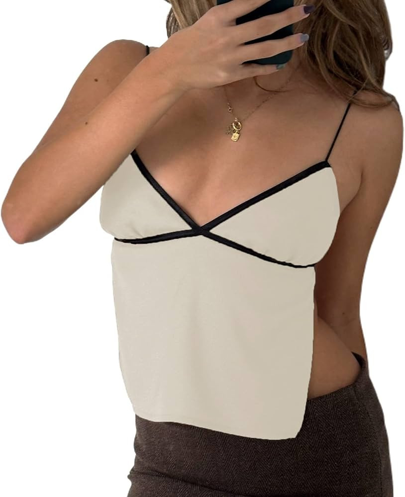 Y2k Sleeveless Spaghetti Strap Camisole 90s Aesthetic Lace Trim Slim Fit Cami Tank Tops Streetwea... | Amazon (US)
