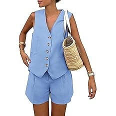 Amazon.com: PRETTYGARDEN Women's Summer Two Piece Outfits Sleeveless Matching Sets Button Down V ... | Amazon (US)