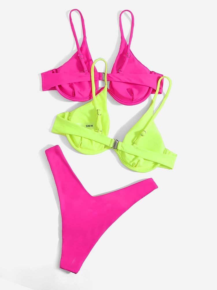 SheIn Women's Sexy Push Up Spaghetti Strap Underwire High Leg Swimsuits Bikini Set | Amazon (US)