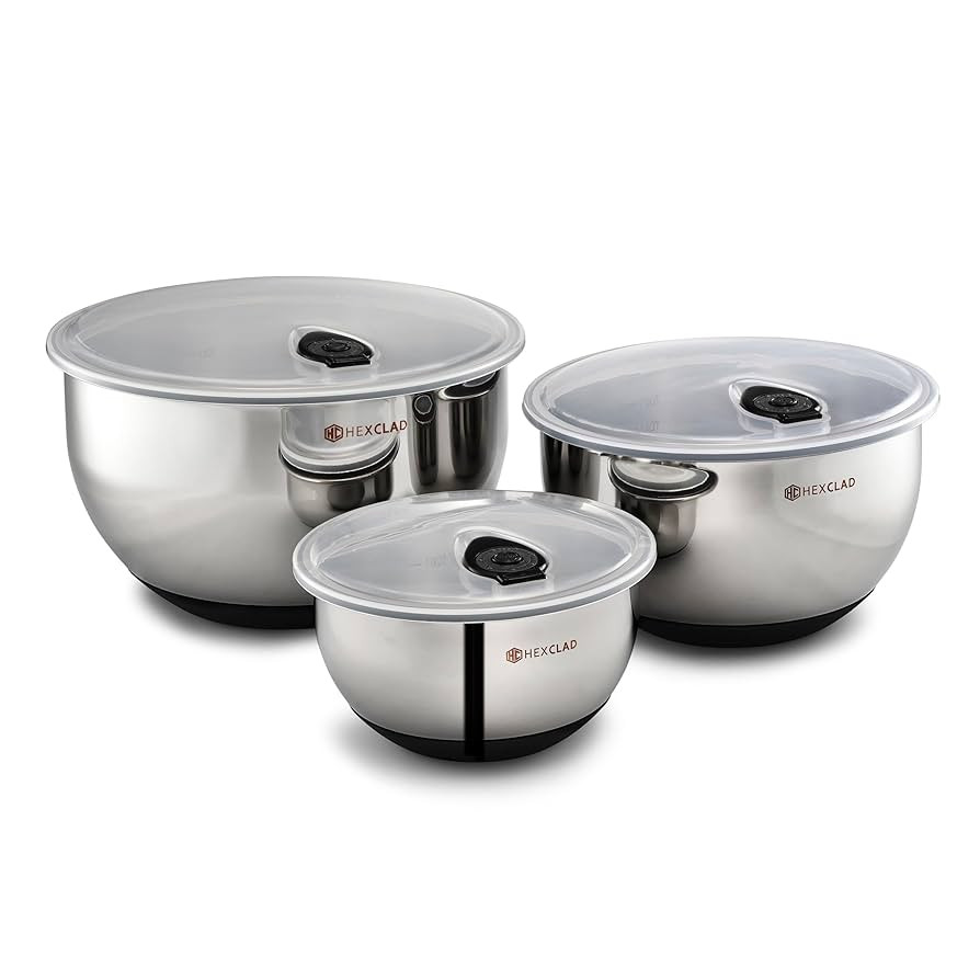 HexClad Stainless Steel Mixing Bowl Set, 3-Piece with Vacuum Seal Lids and Non-Slip Base, 1.3,3 a... | Amazon (US)