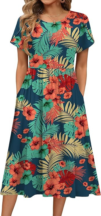 HOTOUCH Women's Summer A-Line Midi Dresses 2026 Casual Floral Short Sleeve T-Shirt Dress Flowy Be... | Amazon (US)