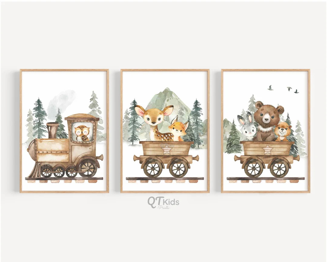 Woodland Nursery Prints, Blue Train Animal Wall Art, Boy Nursery Decor, Forest Animal Posters, Wo... | Etsy (US)