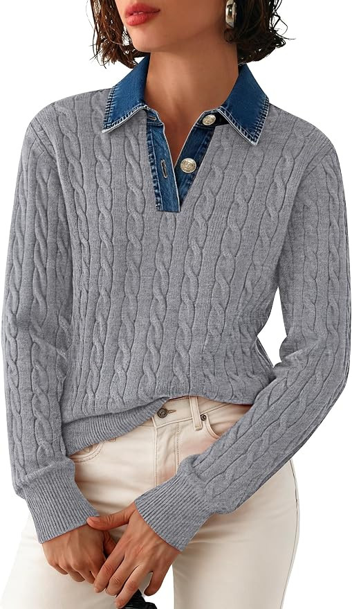SAUKOLE Sweaters for Women Denim Lapel V Neck Buttons Closure Casual Long Sleeve Cable Knit Loose... | Amazon (US)