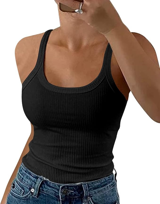 GEMBERA Women Spaghetti Strap Scoop Neck Ribbed Tank Tops Slim Fitted Cotton Camisole Basic Sleev... | Amazon (US)