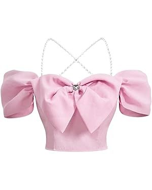 Women's Plus Size Pearls Criss Cross Blouse Off Shoulder Short Sleeve Bow Crop Tops | Amazon (US)