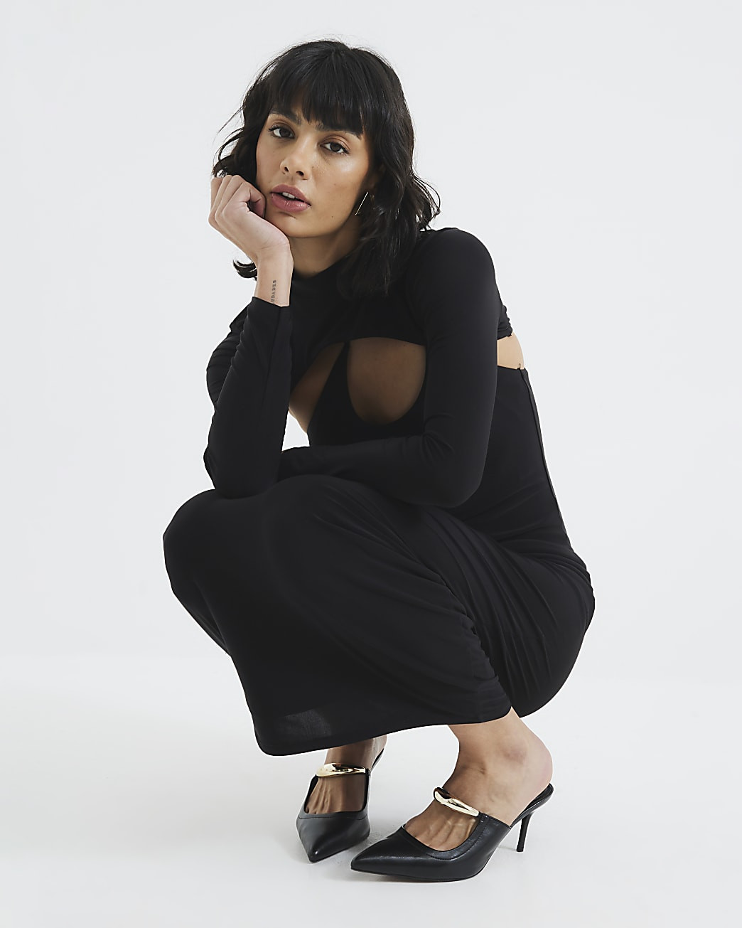 Black Long Sleeve Cut Out Midi Dress | River Island UK & IE