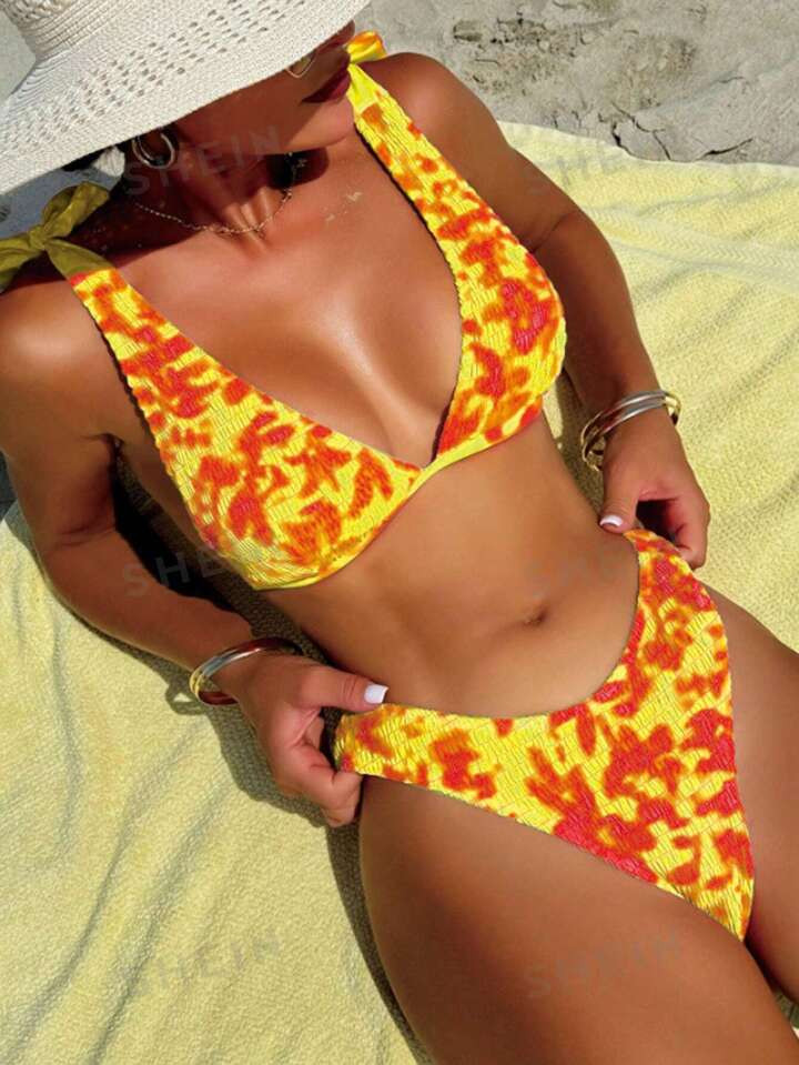 SHEIN Swim Women's Yellow Red Tie Dye Print Sexy Bikini Set For Summer Beach Bathing Suit, Swimwe... | SHEIN
