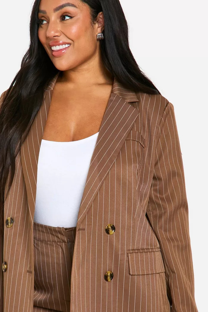 Plus Pinstripe Oversized Double Breasted Blazer | boohoo (US & Canada)