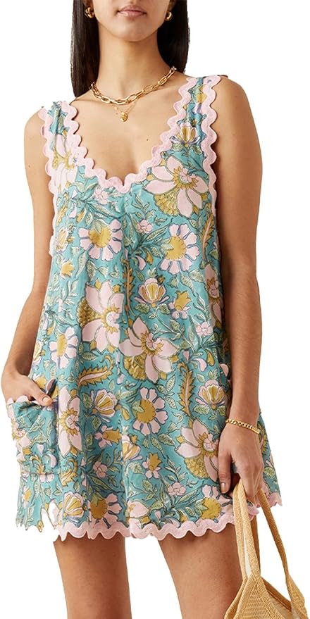 Melliflo Women's Ricrac Trim V Neck Dress Summer Floral Print Shift Dress Sleeveless Mini Dress w... | Amazon (US)