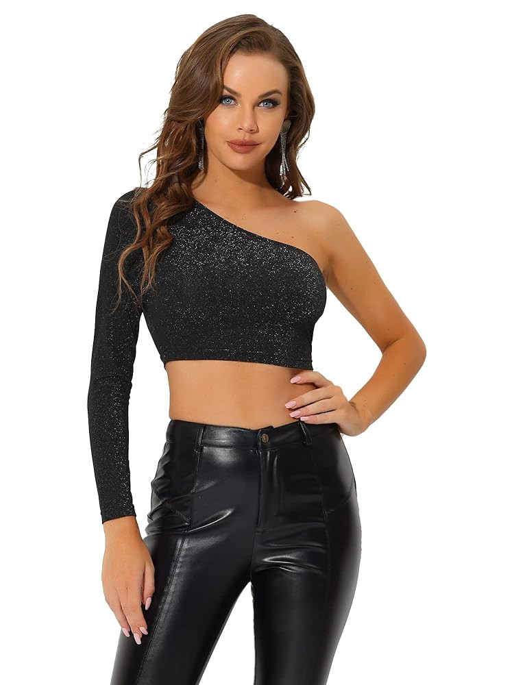 Allegra K Glitter Crop Top for Women's Christmas Metallic Clubwear Slim Fitted One Shoulder T-Shi... | Amazon (US)