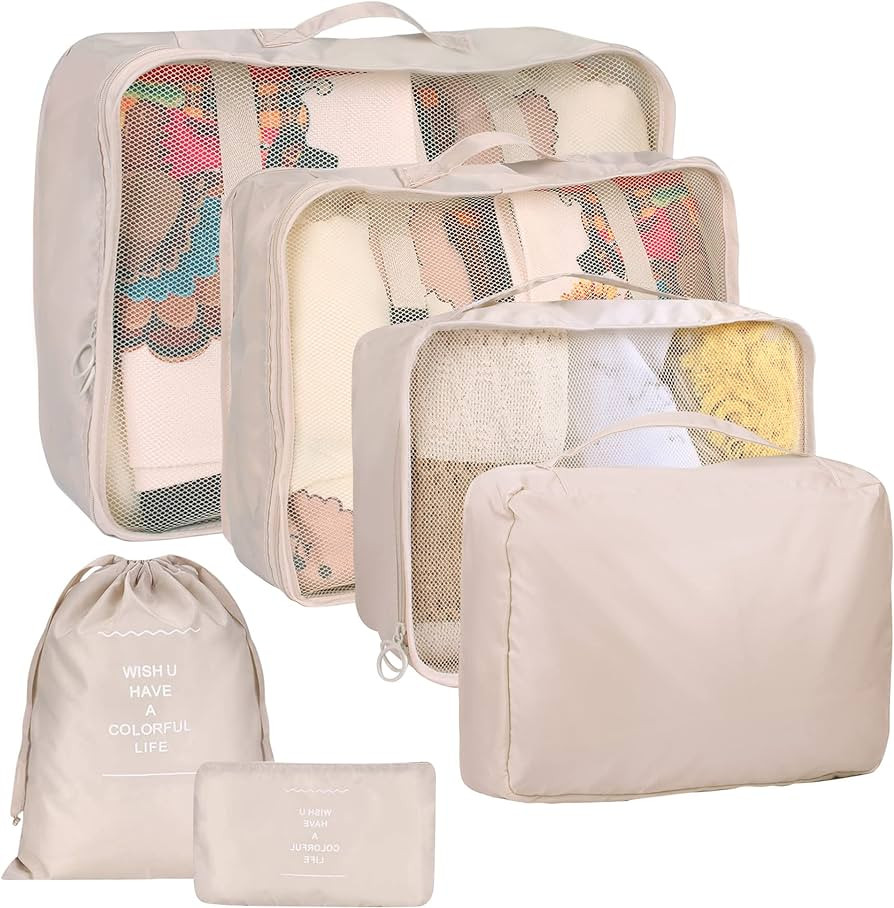 6 Set Packing Cubes for Suitcases, kingdalux Beige Travel Luggage Packing Organizers with Laundry... | Amazon (US)