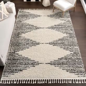 Rugs USA Off White Temara Moroccan Diamond Pinstripes Tassel rug - Contemporary Rectangle 8' 6"" x 9 | Rugs USA