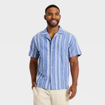 Men's Short Sleeve Novelty Camp Shirt - Goodfellow & Co™ Blue Striped L | Target