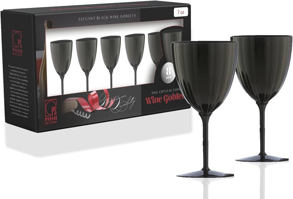 Posh Setting 7oz, Black Plastic Wine Glasses Hard Plastic Disposable Stemware, Drinking Cups with... | Amazon (US)