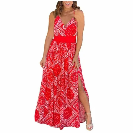 Summer Boho Dresses For Women 2022 Vintage Graphic Sling Dress Side Split Beach Maxi Dress Fashion V | Walmart (US)