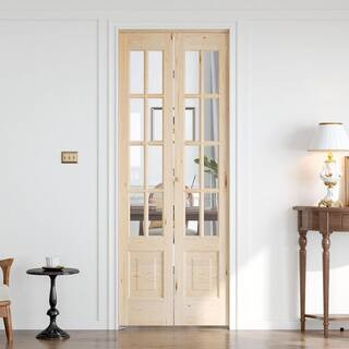 28 in. x 80 in. 3/4 Lite Preassembled Clear Glass Solid Core Wood Spruce Bi-Fold French Door with... | The Home Depot