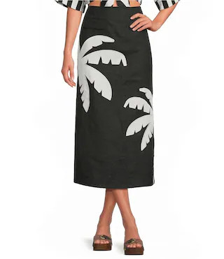 Farm Rio Black Embroidered Palm Tree Linen Maxi Skirt | Dillard's | Dillard's