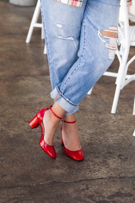 The perfect red pop to complement a fun holiday outfit!!!  These shoes are SOOOO fabulous!  They are super comfortable, too!  Fit is TTS. And, these jeans fit fantastic; they are perfectly distressed. The jeans fit TTS, too!  ❤️❤️❤️✨✨

#LTKHoliday