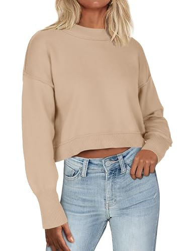 Zeagoo Womens 2025 Fall Crewneck Cropped Sweater Cozy Long Sleeve Ribbed Knit Pullover Dropped Shoulders Trendy Jumper Tops Khaki | Amazon (US)