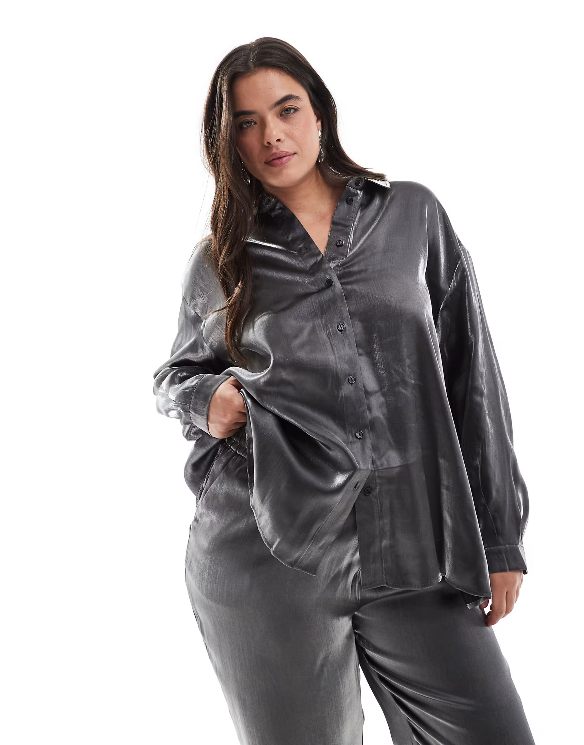 Pieces Curve oversized shirt co-ord in metallic grey | ASOS (Global)