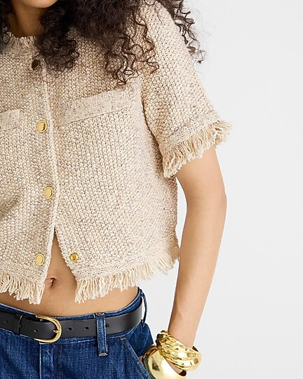 Fringe-trim short-sleeve cropped lady jacket in marled yarn | J. Crew US