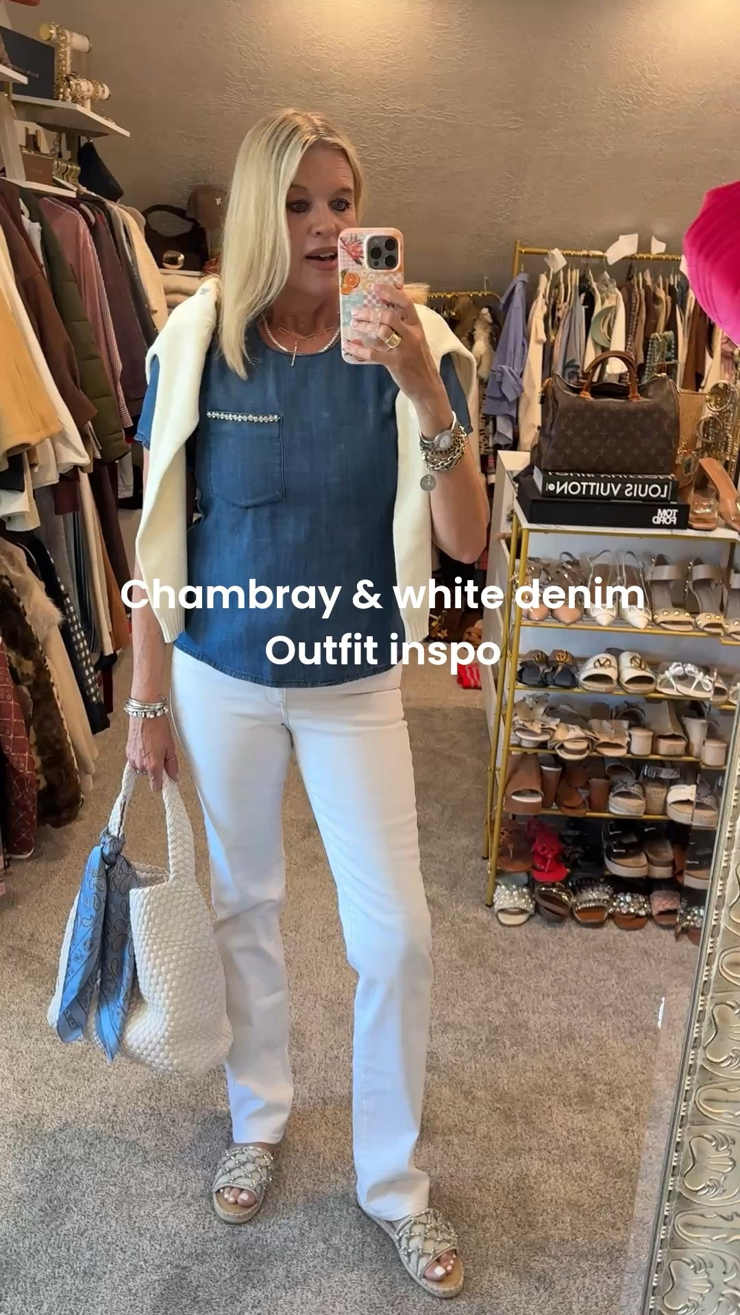 Chambray top &
white denim jeans with a touch of bling.

What I wore to church
But perfect to wear all summer long.

Straight white denim jeans with tummy support panel and very flattering! I am wearing the tall I am 5’91/2 comfy wearing a size 4 

Chambray tee shirt  in a small 
With bling detail on the pocket 
Puff sleeve 

Woven white leather tote bag- I am linking affordable options as well 

Silk Scarf tied to bag 

Tennis necklace to add to the bling 
and my regular large manufactured diamond studs
earrings 

Bling and line slides with linen detail fit tts on sale

#LTKgrwm #LTKOver40 #LTKSaleAlert