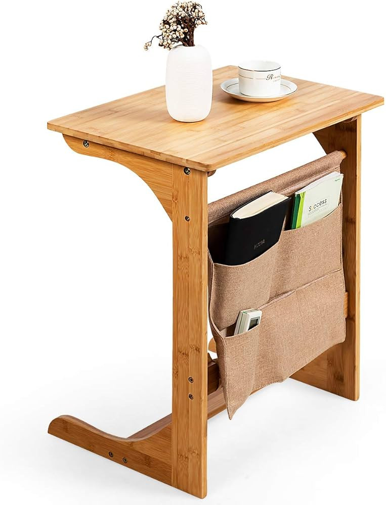 Tangkula Bamboo TV Tray Table for Living Room, Sofa Side Table, Snack End Table w/Storage Bag, C-... | Amazon (US)