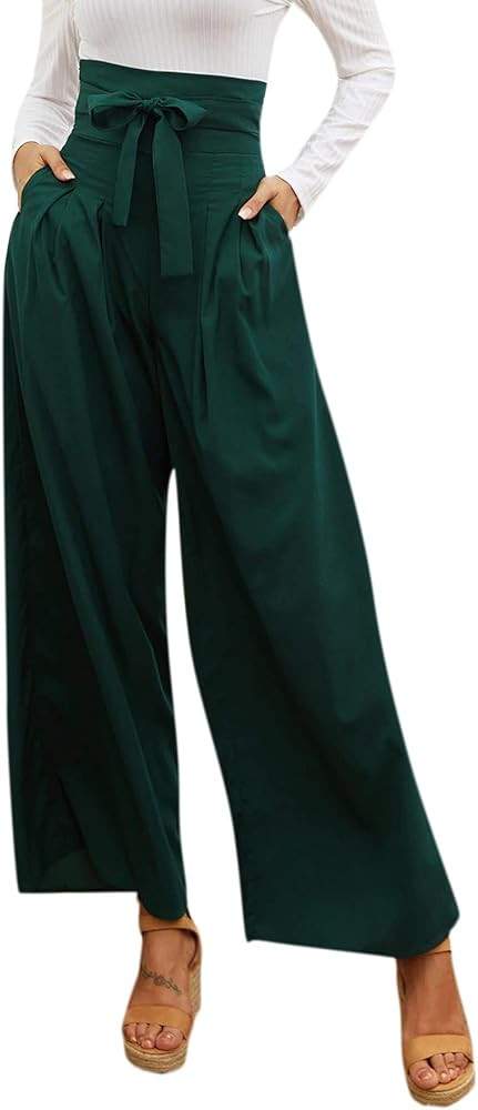 SweatyRocks Women's Casual High Waist Belted Wide Leg Pants with Pocket | Amazon (US)