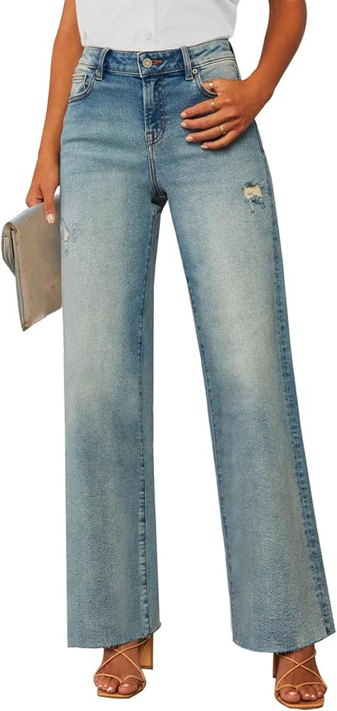KUNMI Jeans for Women Wide Leg Baggy High Waist Boyfriends Straight Leg Stretchy Denim Pants Tren... | Amazon (US)