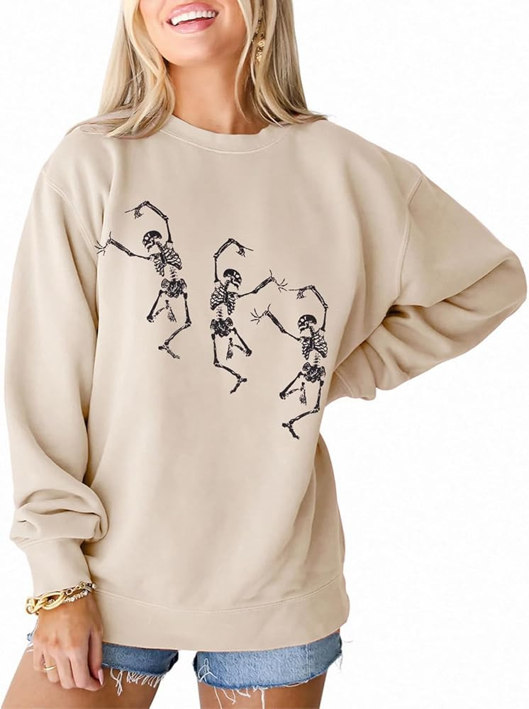 BOUTIKOME Women's Halloween Sweatshirts Dancing Skeleton Shirts Horror Skull Long Sleeve Crewneck... | Amazon (US)