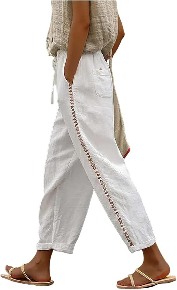 TIAFORD Women's Summer Casual Linen Pants Elastic Waist Relaxed Fit Straight Leg Crop Pants Beach... | Amazon (US)