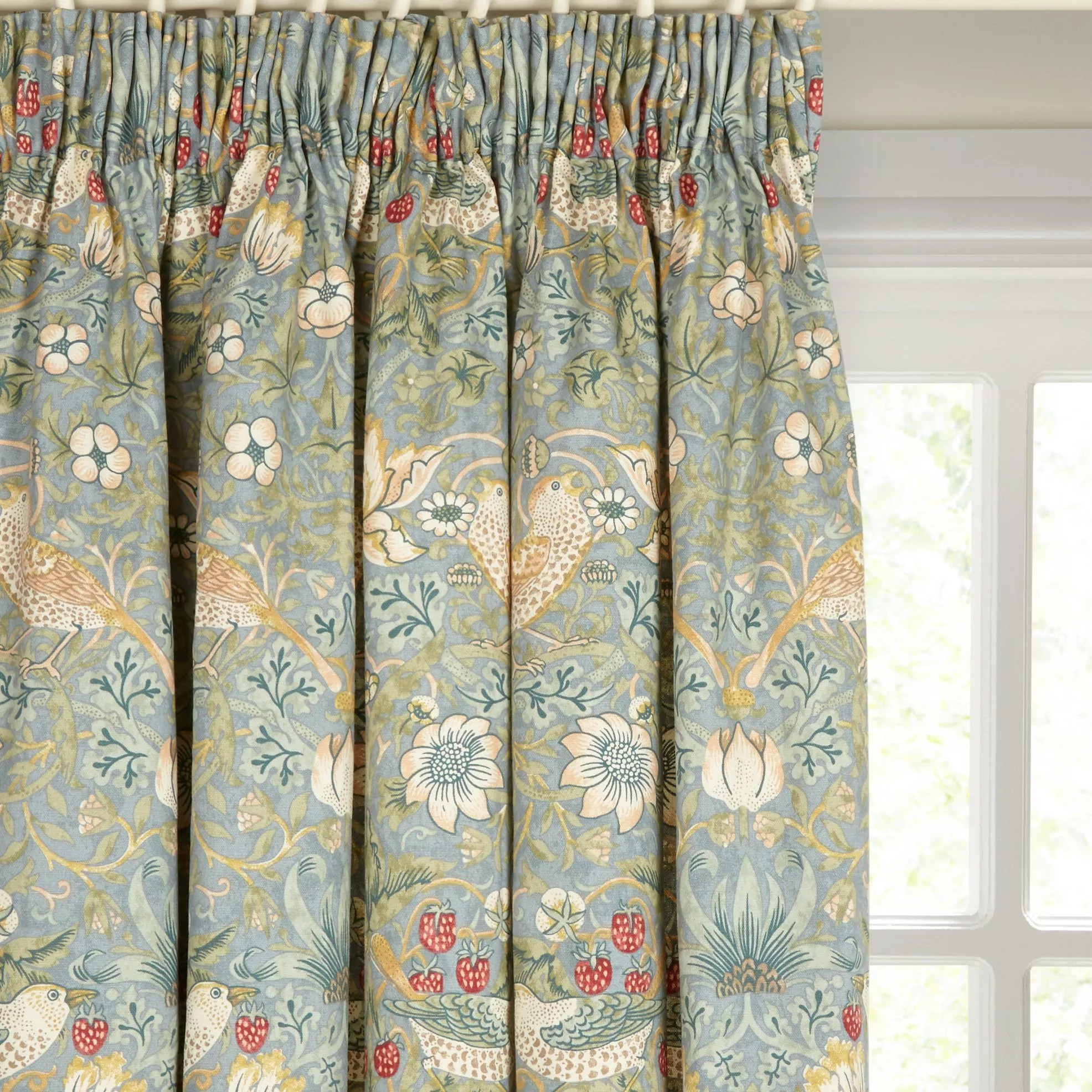 Morris & Co. Strawberry Thief Pair Lined Pencil Pleat Curtains, Duck Egg | John Lewis (UK)