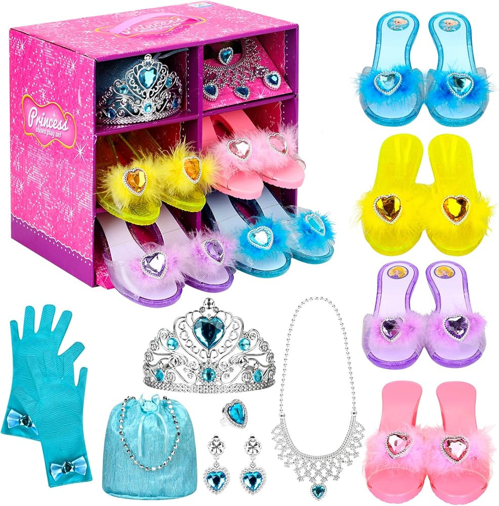 Amazon.com: Princess Dress Up Shoes Set Girls Role Play Shoes Pretend Jewelry Toys Set Gift Set 4... | Amazon (US)