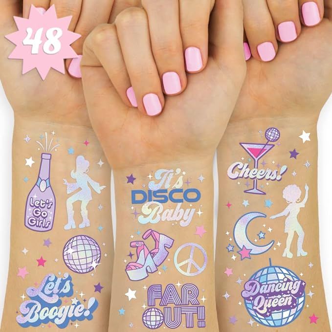 xo, Fetti Disco Birthday Party Temporary Tattoos - 48 Iridescent Foil Pcs | Birthday Girl Party D... | Amazon (US)
