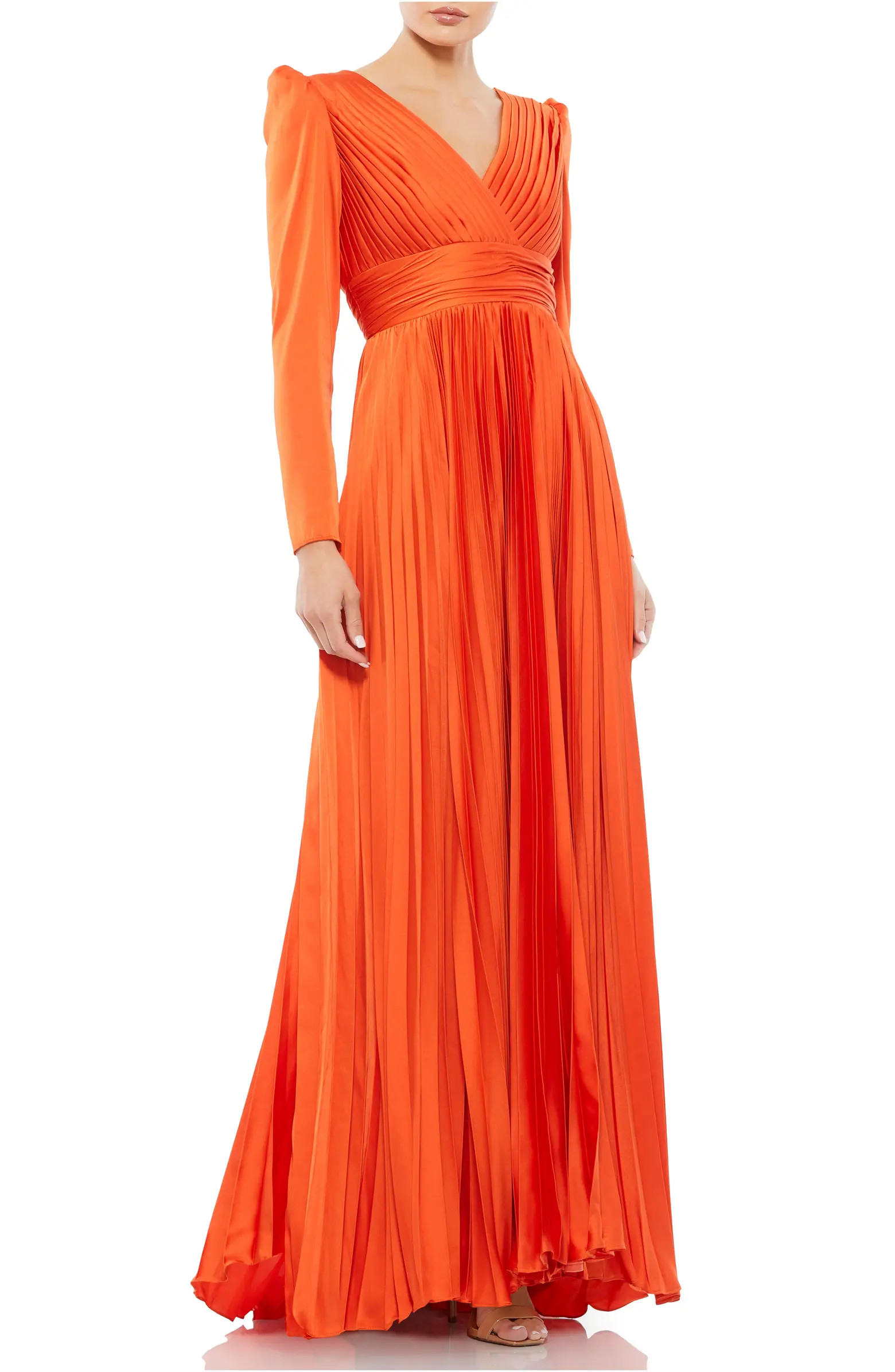 Long Sleeve Pleated Chiffon A-Line Gown | Nordstrom